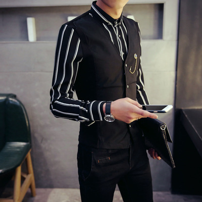 春季个性韩版男夜店KTV衬衫马甲两件套 衬衫假两件套装一件代发