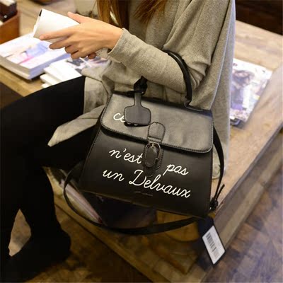 新款2016包包潮流韩版女包 百搭黑色字母手提包 单肩斜跨包女士包