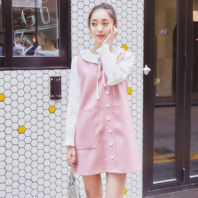 2016春季新款韩版甜美学院风套装裙背心裙两件套高腰毛呢连衣裙女