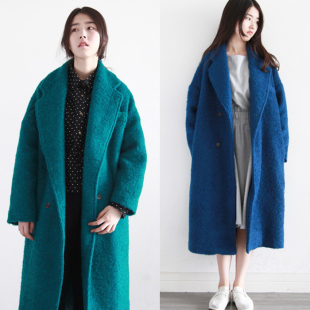 2015秋冬韩版宽松翻领大码超长中长款羊毛呢大衣茧型呢子外套女装