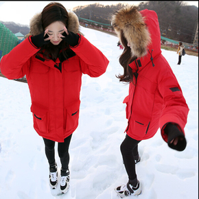 韩国2015冬装加厚棉袄韩版中长款连帽毛领羽绒棉服大红色学生棉衣