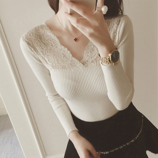长袖蕾丝衫2015秋季女士性感镂空小衫一字领针织打底衫t恤上衣潮
