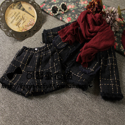 可馨韩国童装2015年秋冬新款女童格子小香风毛呢上衣+短裤两件套