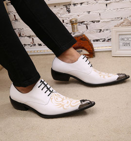 韩版T台时尚英伦系带真皮印花商务欧美发型师白色男尖头皮鞋婚鞋