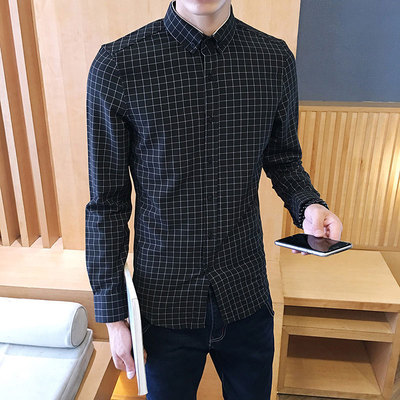 秋季长袖衬衫男修身青年休闲衬衣潮男士格子衬衣韩版商务小领寸衫