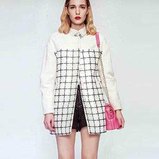 MISSL品牌专柜折扣女装2015新款冬装韩版格子拼接长袖大衣潮外套