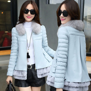 皮草棉衣女2015冬装新款韩版修身加厚兔毛拼接短款羽绒棉服外套