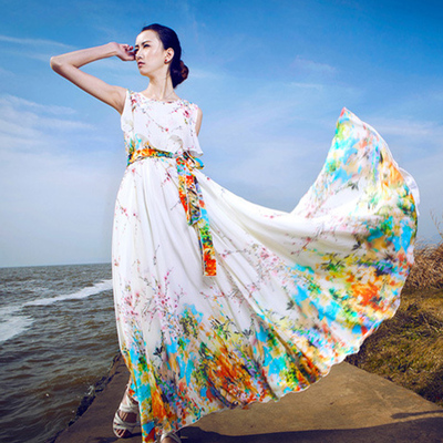 2015夏季旅行清凉女装民族风印花长款显瘦波西米亚大摆雪纺连衣裙