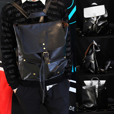2015潮流时尚男女通用潮人黑色双兜PU皮学生书包纯色双肩包背包