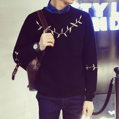 2015冬季新款男装韩版圆领套头保暖毛衣男士休闲绣花针织衫毛线衫
