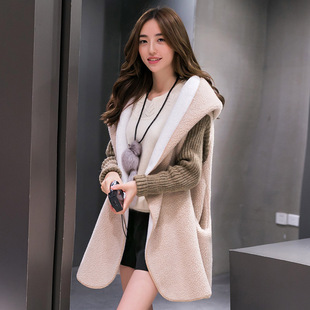 2015秋冬新款韩版女装修身时尚毛呢大衣中长款针织袖毛呢外套女潮