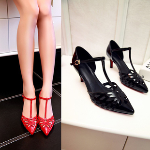 2015夏季新款欧美时尚黑色牛漆皮中跟细跟尖头包头镂空女凉鞋婚鞋