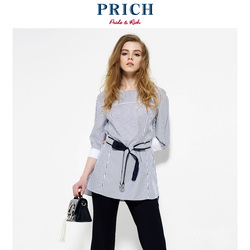 PRICH夏季女士简约时尚通勤优雅条纹收腰系带中袖衬衫PRYW72307M