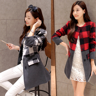 2015秋冬季韩版修身风衣女 中长款 外套长袖圆领格纹呢料大衣显瘦