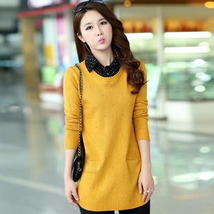 2015秋季女装韩版衬衫领翻领中长款假两件打底衫套头毛衣针织衫