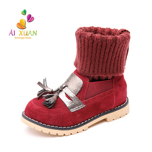 艾宣2015冬款韩版靴儿童男女童中小童靴子马丁靴毛线拼接百搭保暖