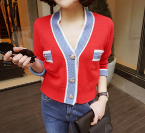 韩国女装代购2016韩版修身长袖针织毛衣学院风短款开衫外套女6040