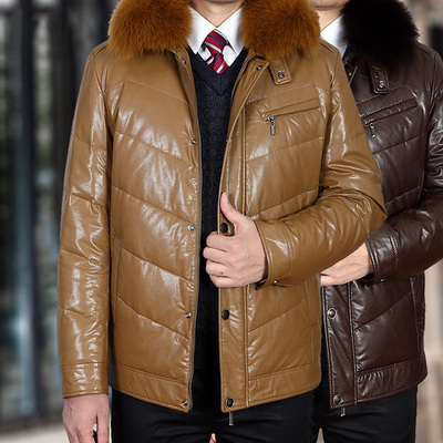 冬季男士中年短款翻领加厚皮羽绒服男中老年爸爸装狐狸毛领皮外套
