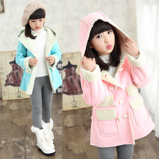 2015韩版女童秋冬中长款加绒风衣保暖鹿皮绒外套外套连帽大衣棉服