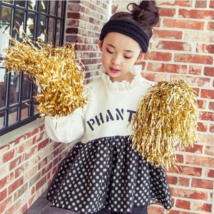 韩国童装2015女童秋季连衣裙儿童波点长袖公主裙小女孩啦啦队服装
