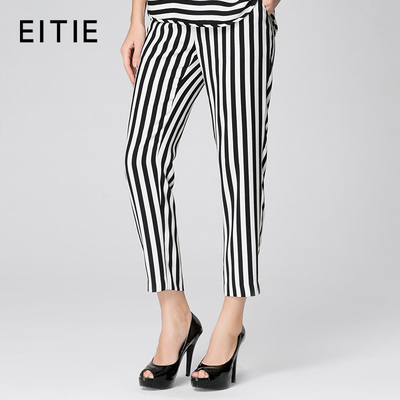EITIE爱特爱旗舰店女装休闲裤2015夏装新款英伦时尚条纹直筒裤子