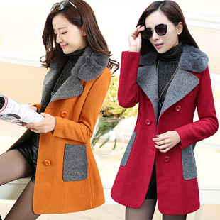 2015冬季新款韩版女士加棉加厚修身呢大衣大码真毛领毛呢外套女装