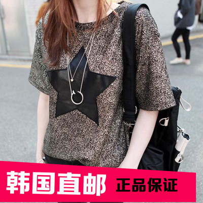 韩国代购女装T恤 正品韩国流行星星印花圆领短袖T恤