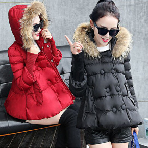 2015新款冬装女 韩版A字型双排扣短款棉衣女 带帽大毛领棉服外套