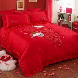 婚庆四件套大红纯棉1.8m床上用品结婚床单被套4件套2米纯色喜庆