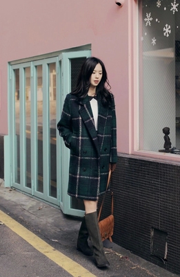 1976#格子毛呢外套女装2015新款秋装修身韩版中长款呢子大衣