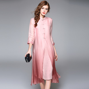 2016春装新款中国风改良版旗袍纯色真丝假两件连衣裙中长裙A386