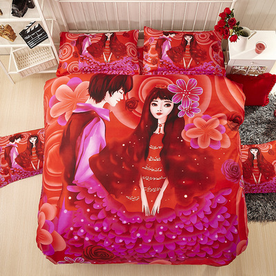 大红色新婚卡通四件套全棉婚庆床上用品1.8m床笠纯棉婚被2.0床单