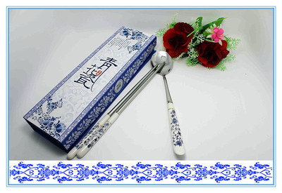 青花瓷不锈钢筷勺套装可爱筷子勺子学生便携餐具2件套礼盒