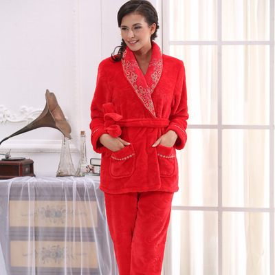 品牌秋冬季女士法兰绒家居服睡衣女冬长袖红色珊瑚绒加厚两件套装