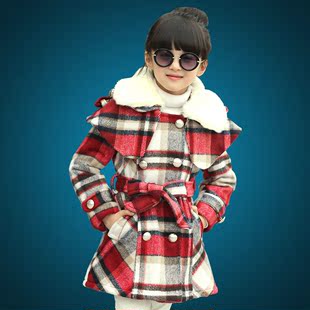 2015韩版女童冬装毛呢格子大衣儿童冬款加厚夹棉中长款风衣外套