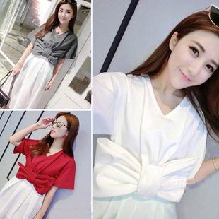 2015春夏新款韩版短款上衣时尚个性有型大蝴蝶结V领短袖上衣T恤女