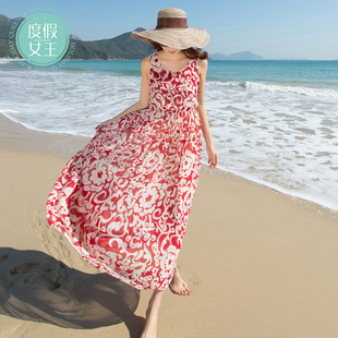 度假女王波西米亚度假沙滩裙雪纺背心连衣裙波西米亚印花度假长裙