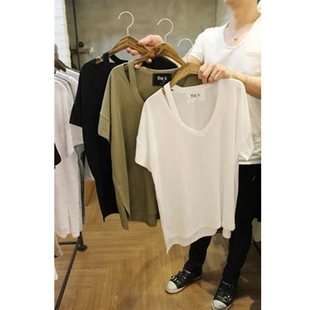 韩国东大门代购夏季个性纯色t恤女短袖纯棉前短后长休闲百搭上衣
