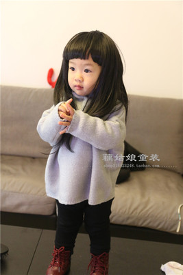 韩国童装毛衣男童女童毛衣外套高领马海毛宽松毛衣