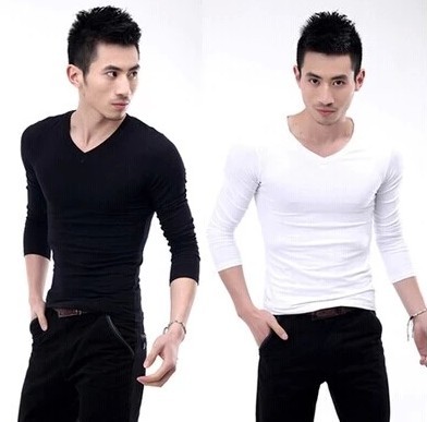韩版新款黑色深V领打底衫时尚男装学生装秋季保暖修身长袖T恤衫潮