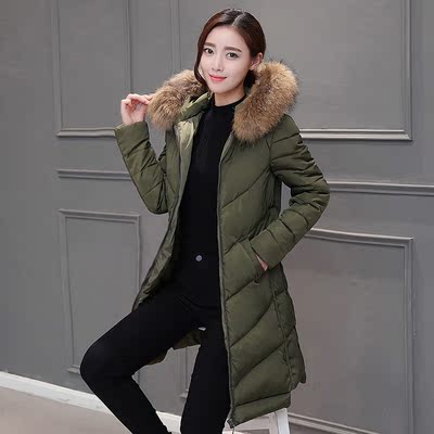 2016冬装新款韩版修身显瘦连帽貉子大毛领中长款羽绒棉服加厚外套