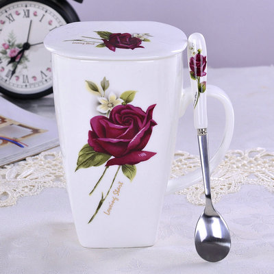 马克方形杯景德镇陶瓷茶杯带盖骨瓷方口大容量女士水杯子带勺玫瑰