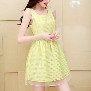 2014年夏季新款韩版甜美修身欧根纱无袖连衣裙背心裙高腰公主裙