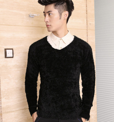 社会精神小伙冬季新款圆领套头羊毛毛衣潮男韩版学生修身型针织衫