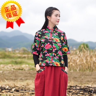 2015秋冬新款女士民族风短款印花中袖棉衣 原创设计
