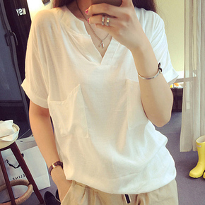 韩版夏季亚麻女装宽松大码纯色V领棉麻布t恤衫女士短袖简约上衣服