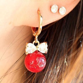 耳环钉女红色珍珠锆石蝴蝶结韩国可爱甜美大气质个性创意饰防过敏