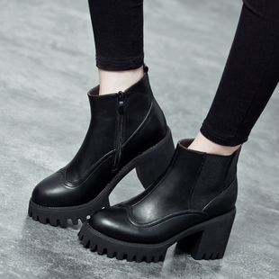 欧美新款秋冬季女士短靴黑色皮鞋中跟加绒平底冬靴学生马丁靴女鞋