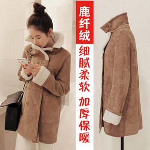 2015秋冬新款韩版羊羔毛棉衣女鹿皮绒外套中长款女式加厚休闲棉服