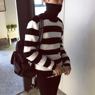 2016秋冬韩版男士毛线衣黑白条纹高领毛衣套头毛衣青少年 M04 p65